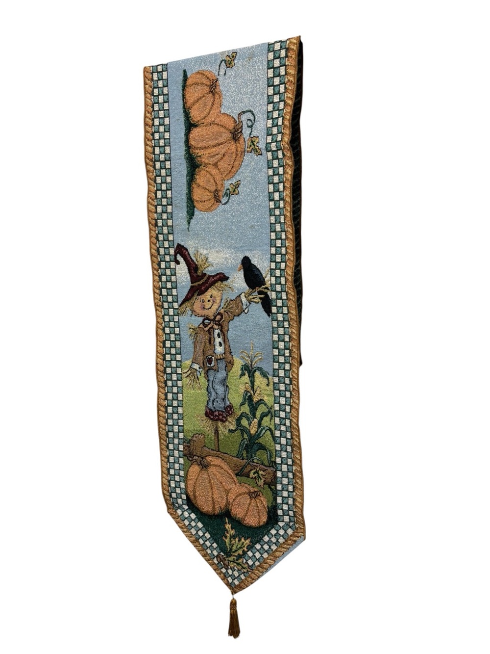 Vintage Autumn harvest Fall Halloween scarecrow woven tapestry table runner